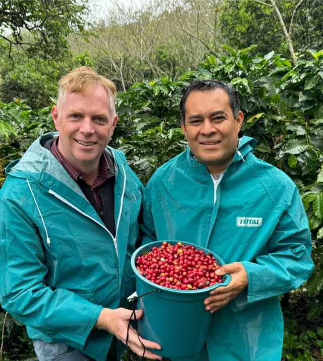 Two people standing among coffee plants and holding a bucket of coffee cherries
